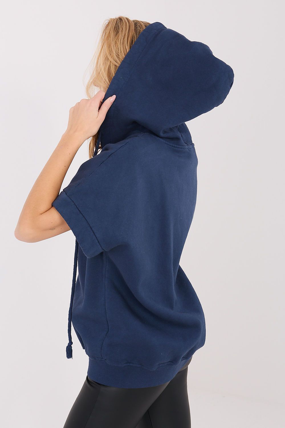 Women's hoodie navy drawstring hood side view