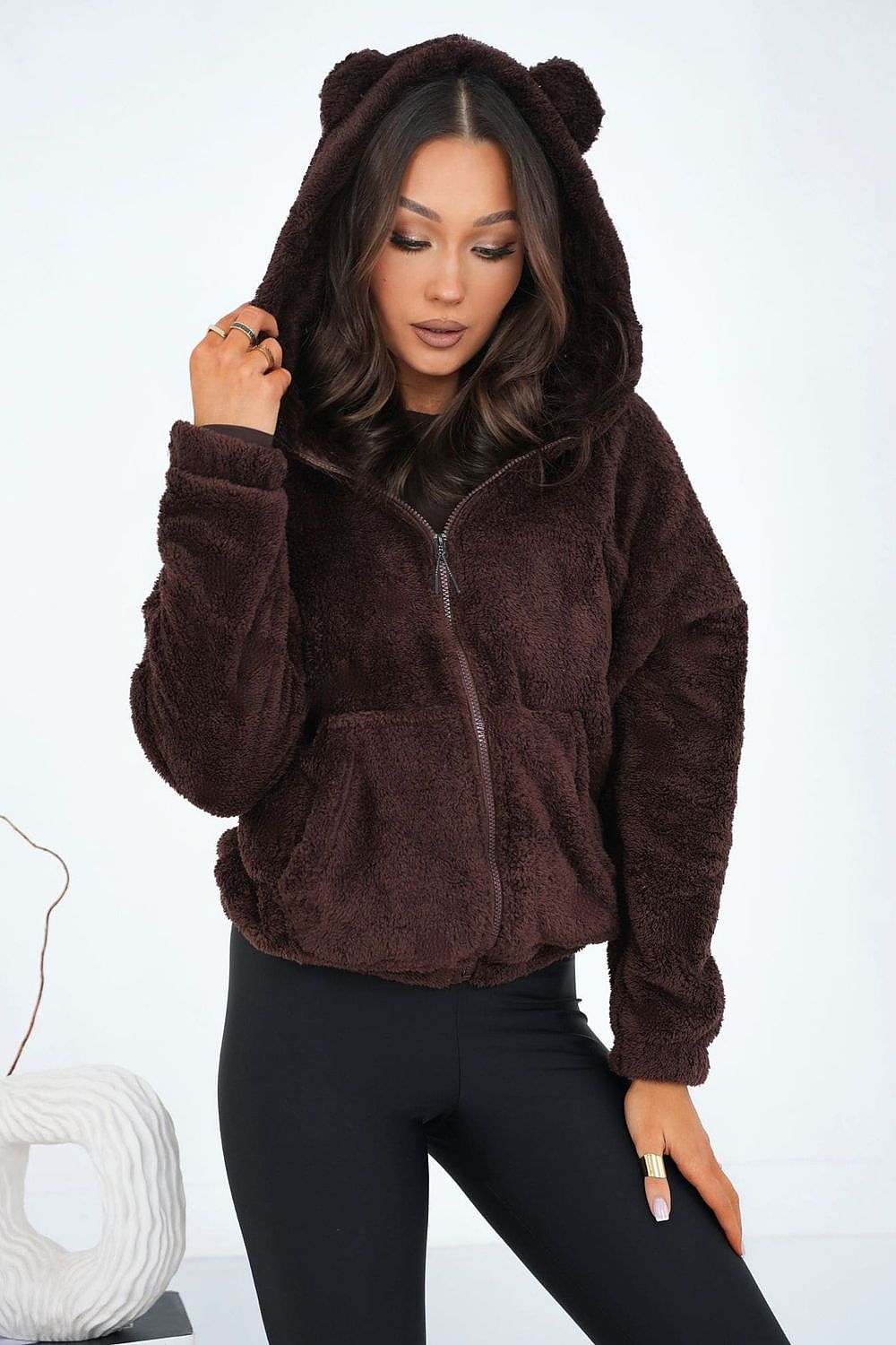 Women's hoodie brown teddy zip-up with bear ears front view