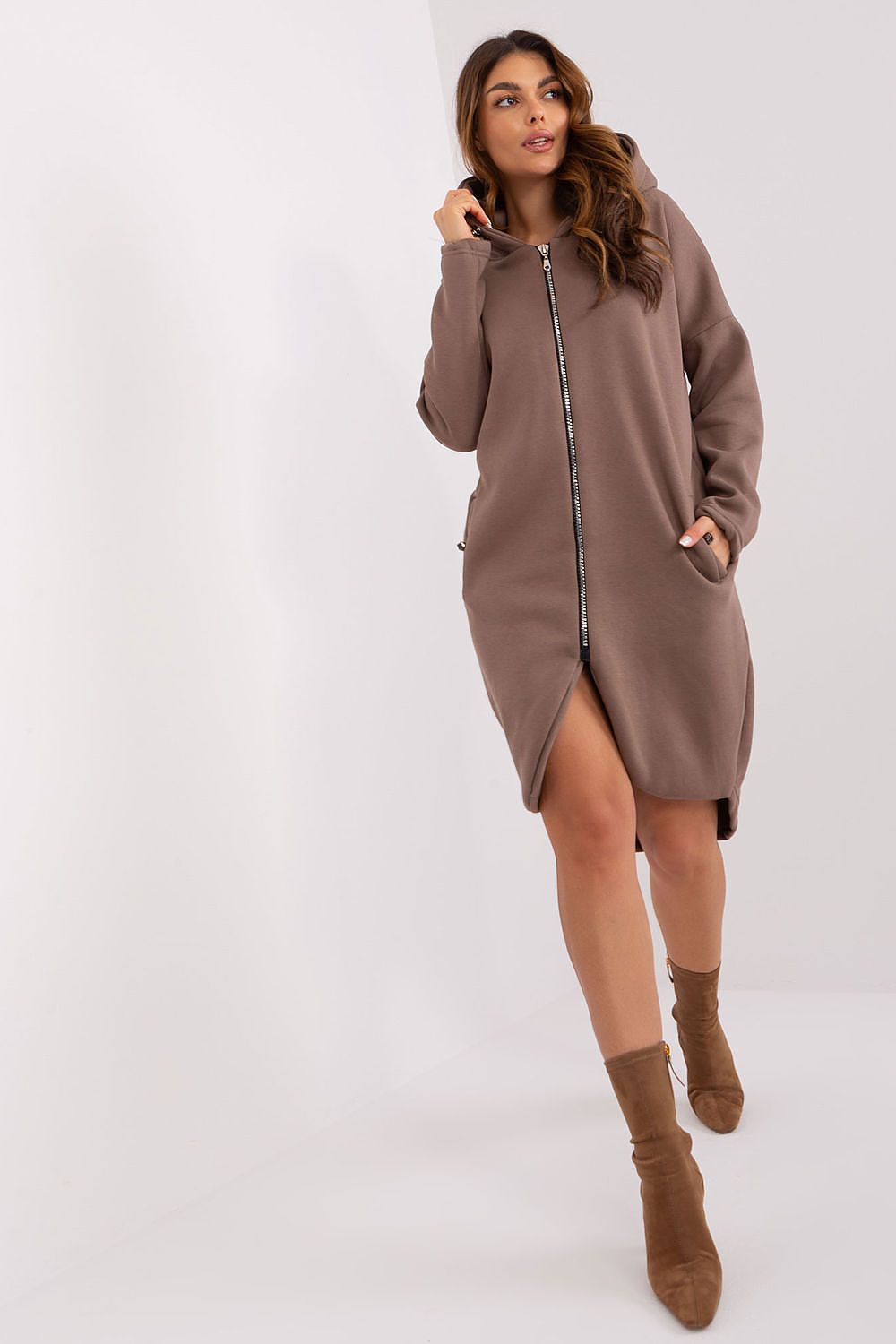 Women's Hoodie Zip-Up Longline Curved Hem Cotton Blend – Hoodie | GUOCALI – view 4