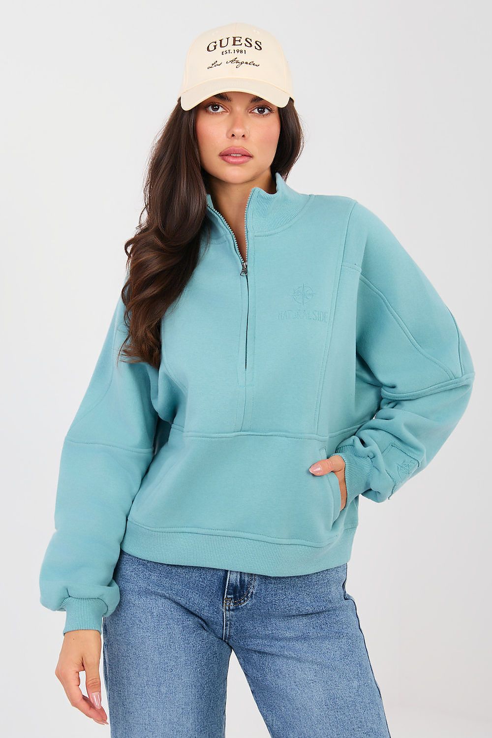 Women's sweatshirt blue alternate shade half-zip front view