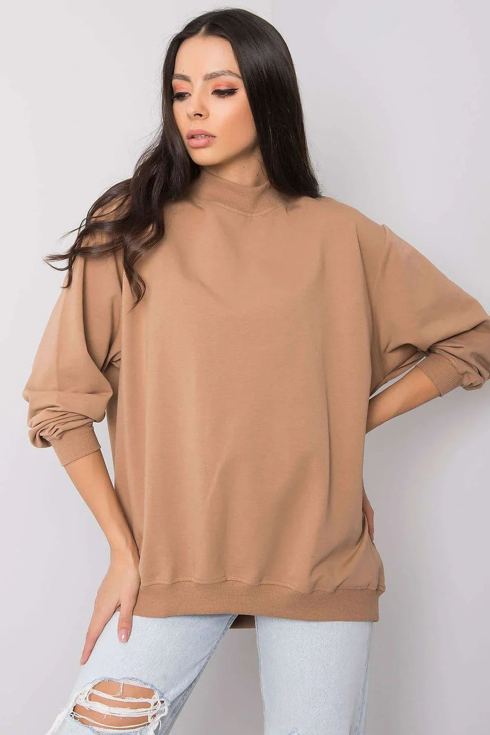 Women's sweatshirt Mock Neck Solid Hip Length Stretch Cotton – view 11