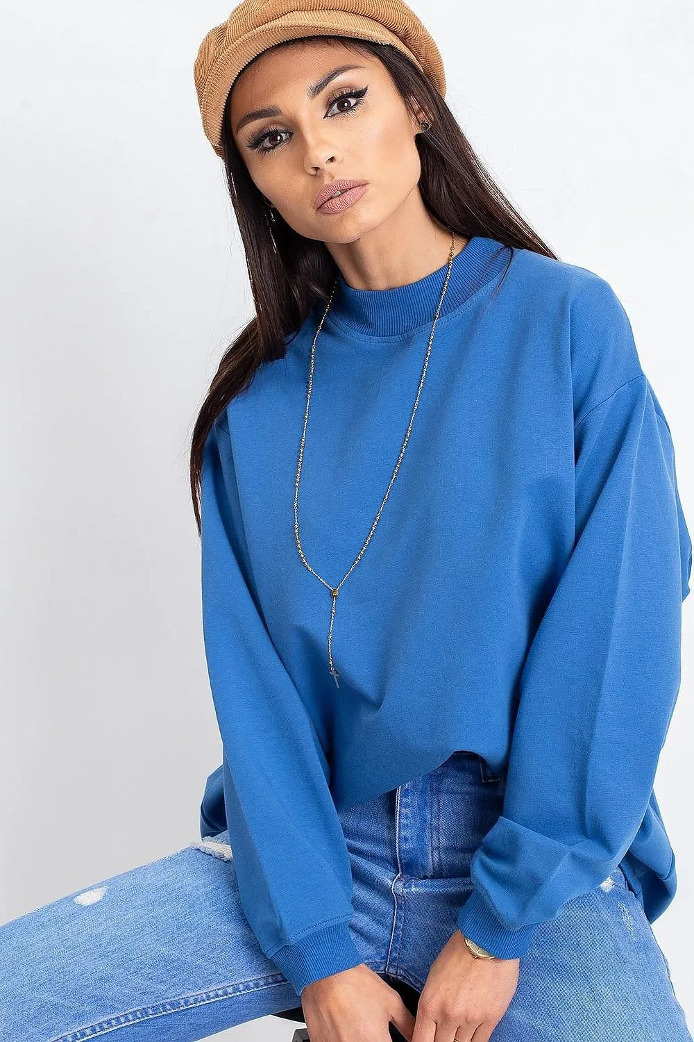 Women's sweatshirt Mock Neck Solid Hip Length Stretch Cotton – view 3