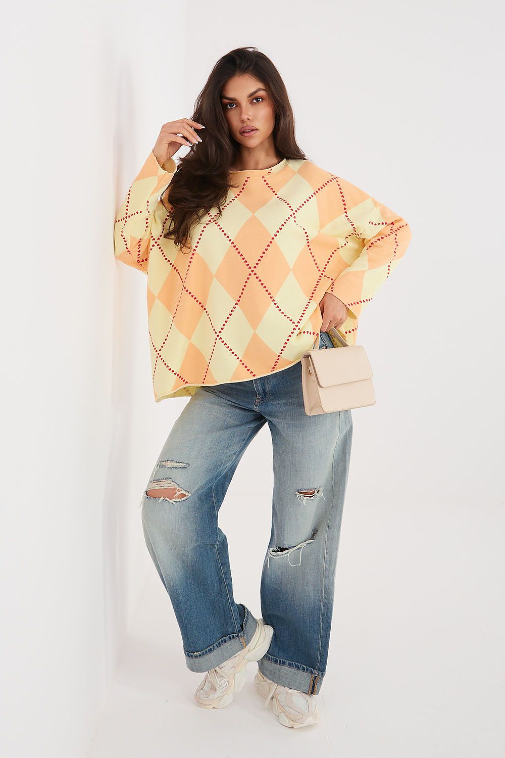Women's Sweatshirt Oversized Argyle Crew Neck Cotton Blend – Sweatshirt | GUOCALI – view 2