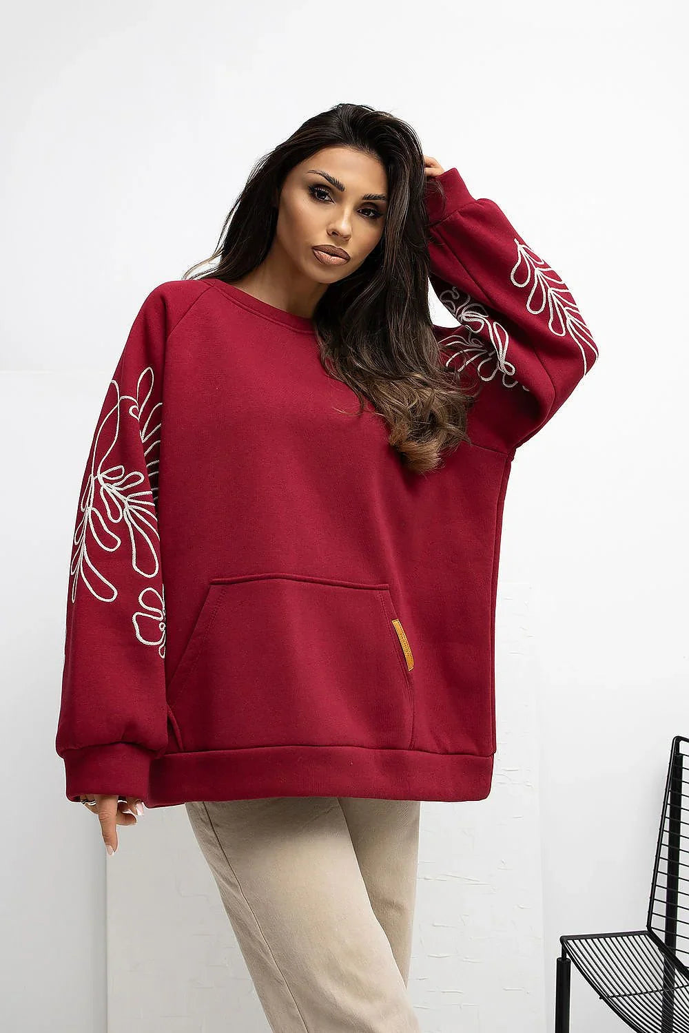 Women's sweatshirt Oversized Embroidered Kangaroo Pocket Crew Neck – view 12