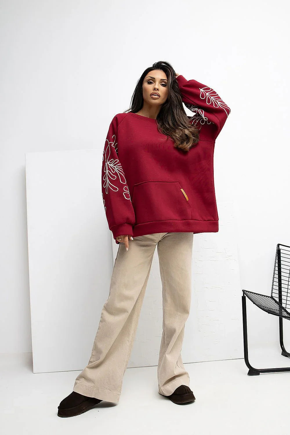Women's sweatshirt Oversized Embroidered Kangaroo Pocket Crew Neck – view 13