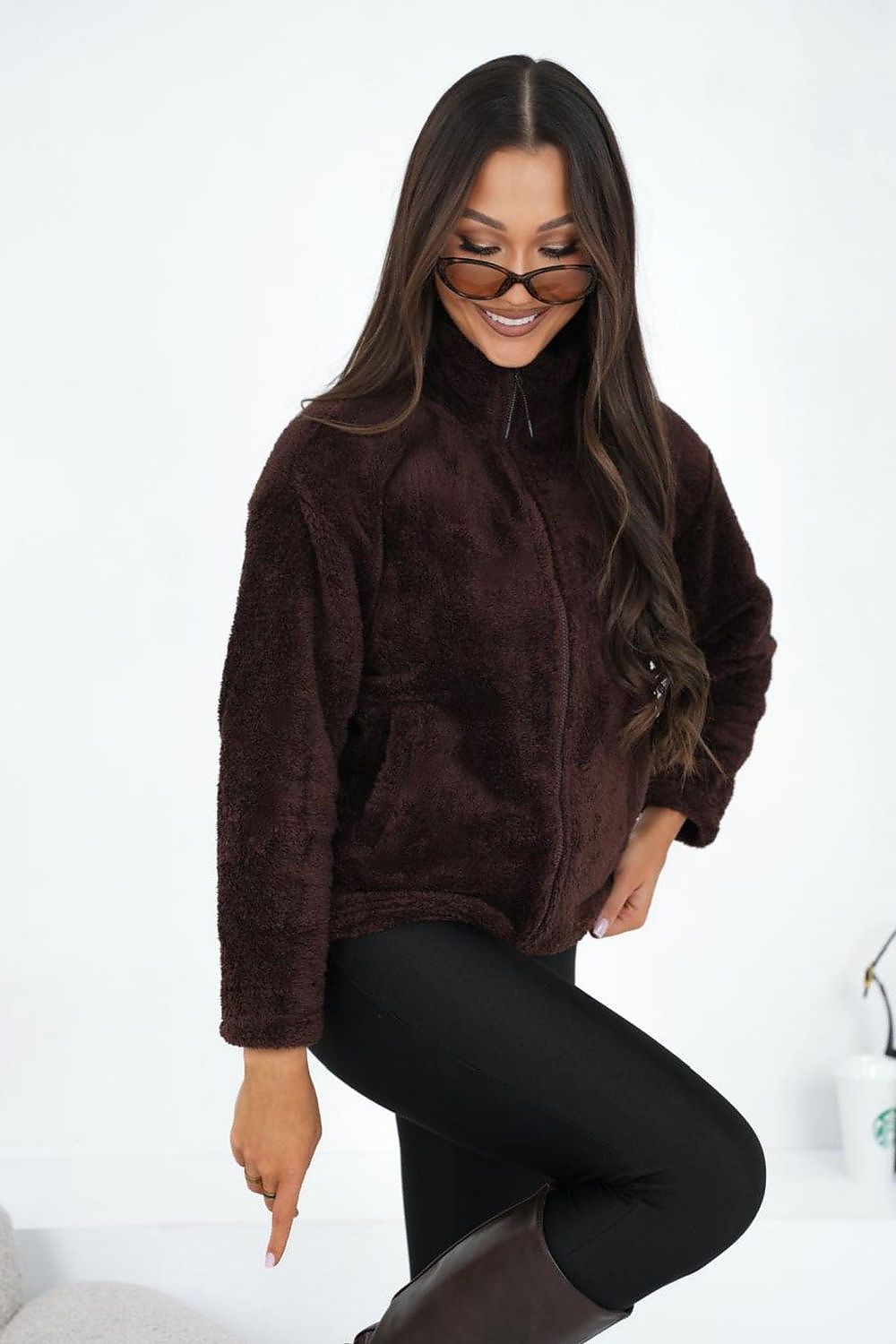 Women's sweatshirt brown teddy fleece alternate front view