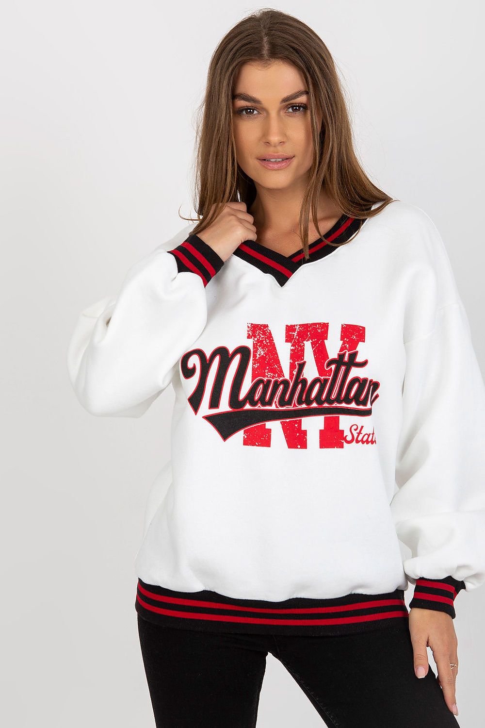 Women's Sweatshirt V-Neck College Print Contrast Ribbing – Sweatshirt | GUOCALI – view 4