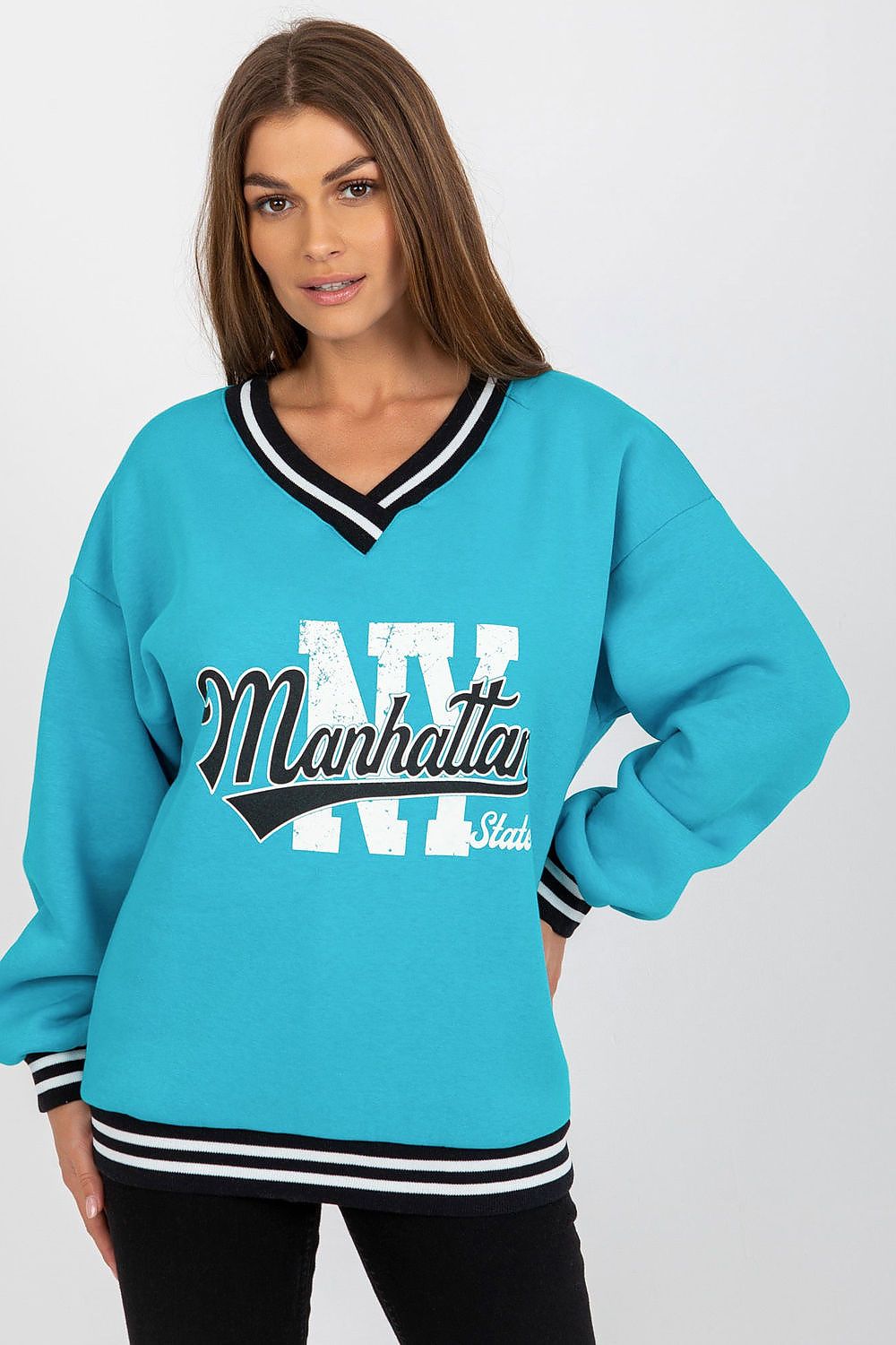 Women's Sweatshirt V-Neck College Print Contrast Ribbing – Sweatshirt | GUOCALI – view 7