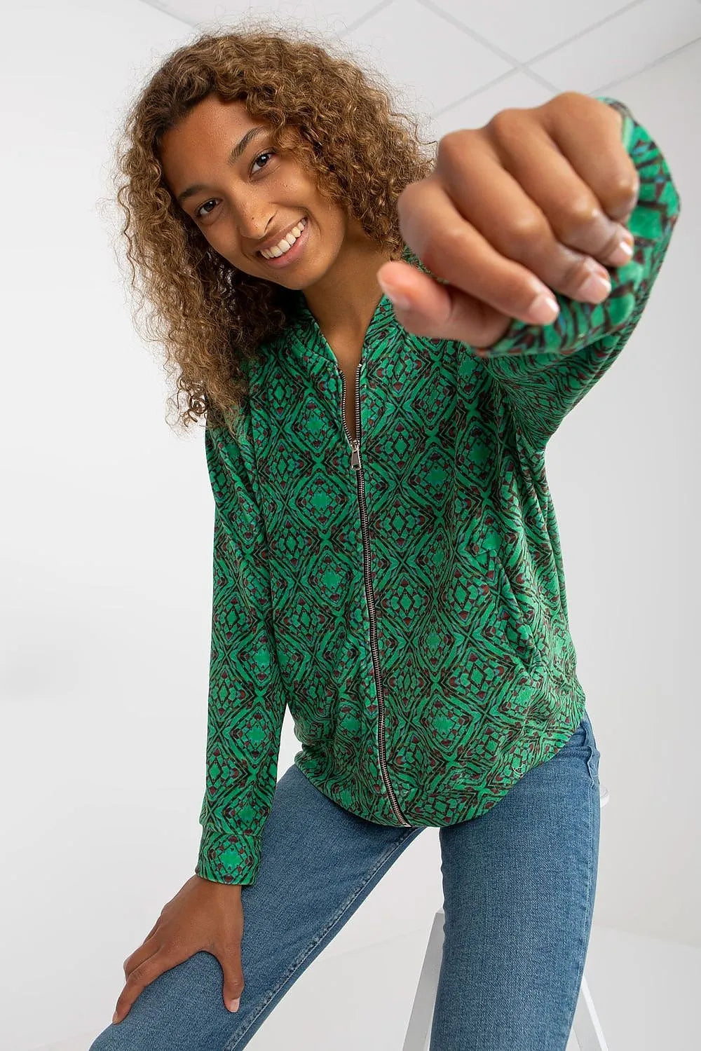 Women's sweatshirt Zip-Up Geometric Side Pockets Green – main view