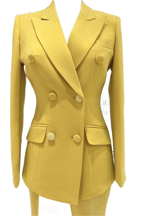 Yellow Double-Breasted Pant Suit - Flared Women Suit -Guocali