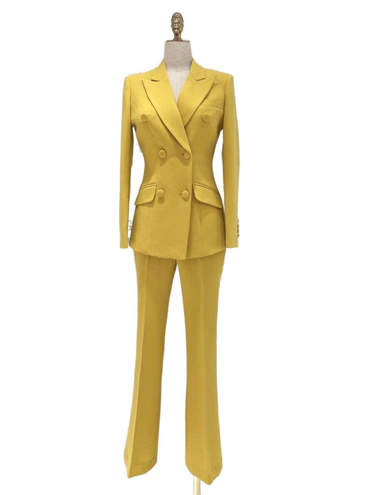 Yellow Double-Breasted Pant Suit - Flared Women Suit - Pantsuit - Guocali