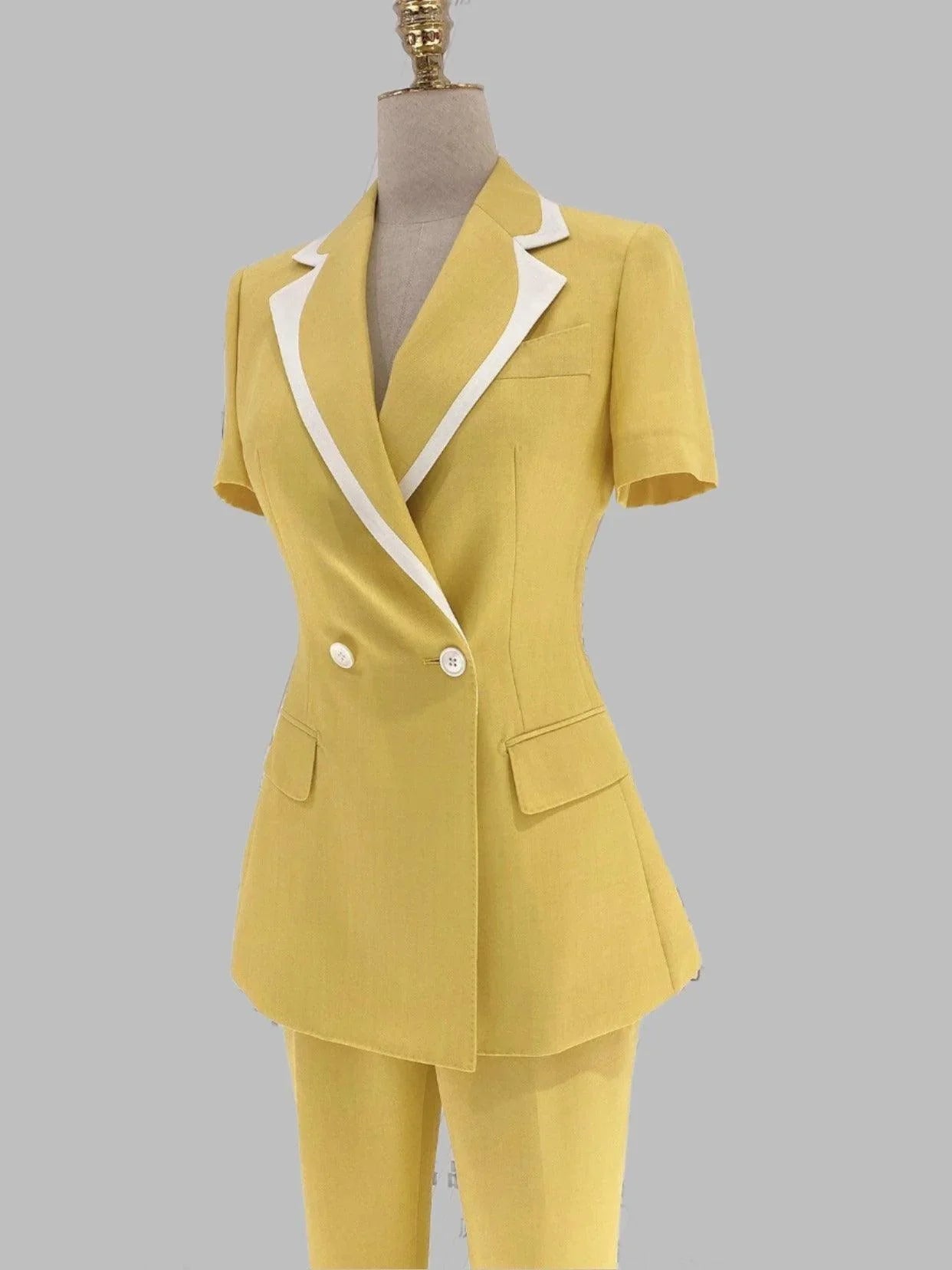 Yellow Formal Short-Sleeved Women Pant Suit -Guocali