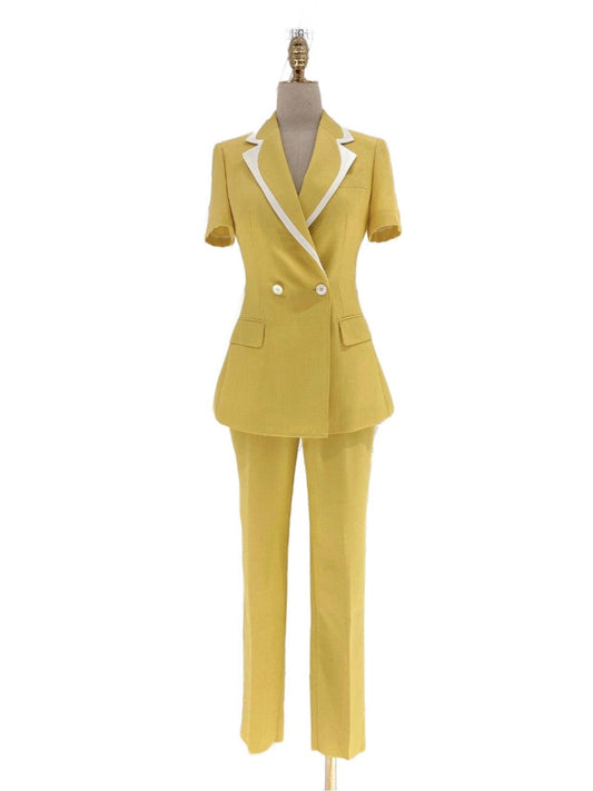 Yellow Formal Short-Sleeved Women Pant Suit - Pantsuit - Guocali