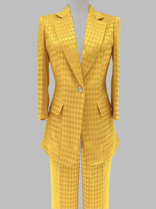Yellow Plaid Women Pant Suit - Thin Half Sleeve Trouser Suit -Guocali