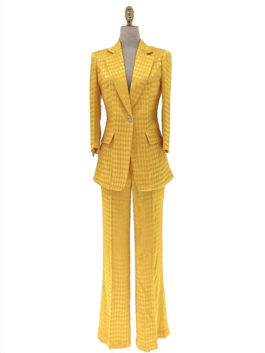 Yellow Plaid Women Pant Suit - Thin Half Sleeve Trouser Suit - Pantsuit - Guocali