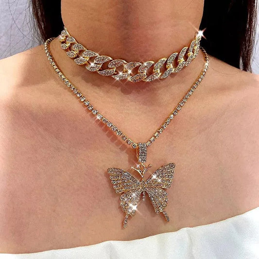 Big Butterfly Pendant Necklace - Rhinestone Jewelry -Guocali