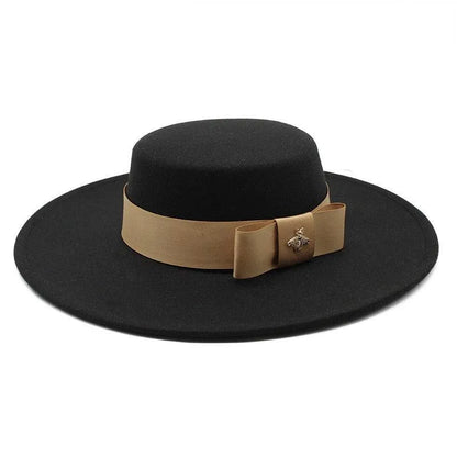 Black flat top fedora hat for women with beige bowknot and decorative bee pin