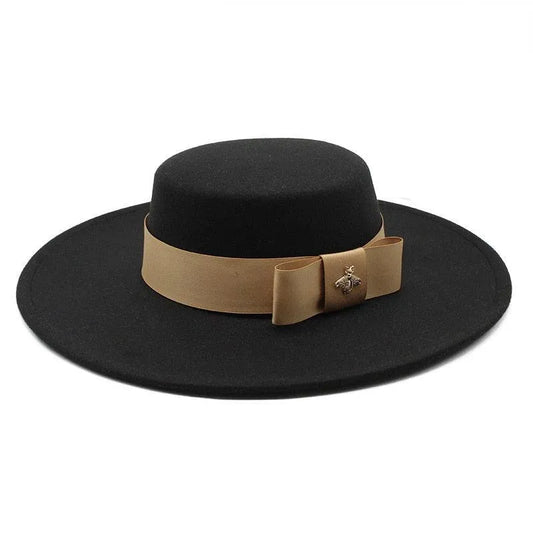 Black flat top fedora hat for women with beige bowknot and decorative bee pin