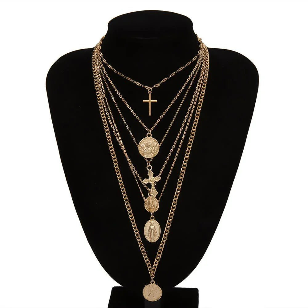 Multi-Layer Pendant Necklace - Cross and Virgin Mary -Guocali