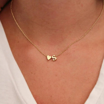 Tiny Heart and Initial Letter Pendant Necklace -Guocali