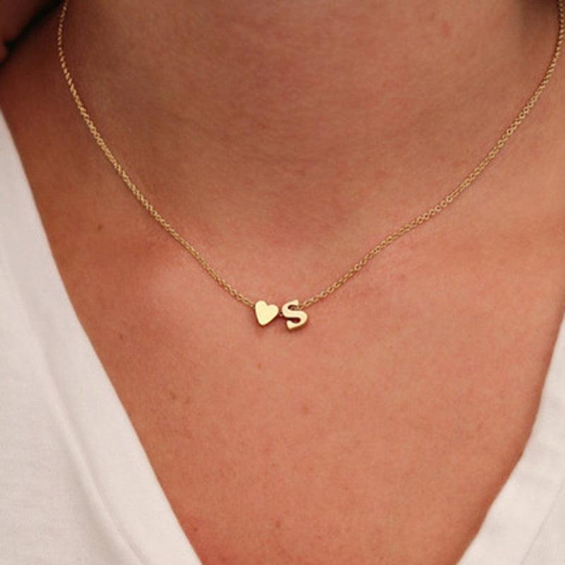 Tiny Heart and Initial Letter Pendant Necklace - Pendant Necklace - Guocali